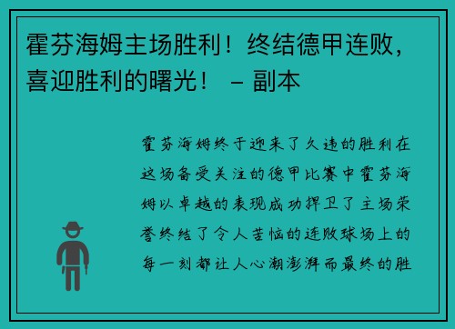 霍芬海姆主场胜利！终结德甲连败，喜迎胜利的曙光！ - 副本