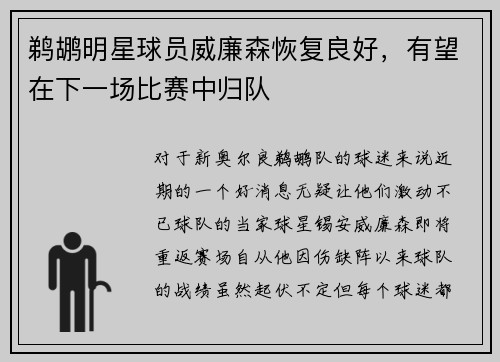 鹈鹕明星球员威廉森恢复良好，有望在下一场比赛中归队