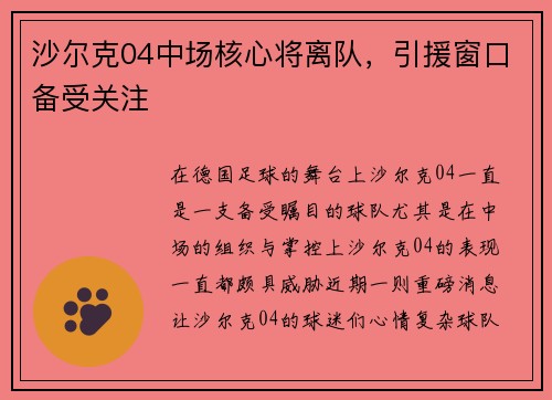 沙尔克04中场核心将离队，引援窗口备受关注