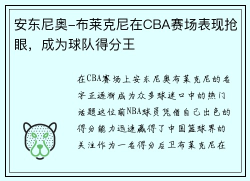 安东尼奥-布莱克尼在CBA赛场表现抢眼，成为球队得分王