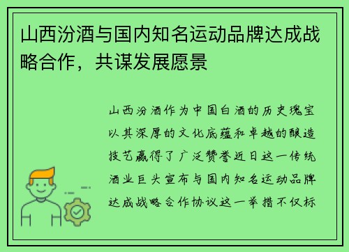 山西汾酒与国内知名运动品牌达成战略合作，共谋发展愿景
