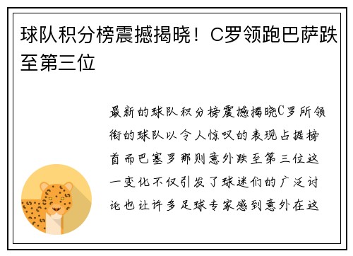 球队积分榜震撼揭晓！C罗领跑巴萨跌至第三位