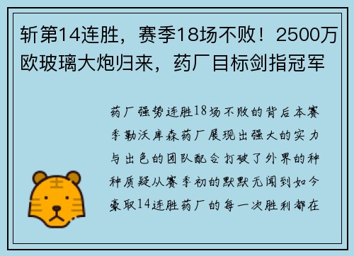 斩第14连胜，赛季18场不败！2500万欧玻璃大炮归来，药厂目标剑指冠军