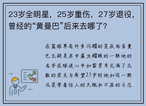 23岁全明星，25岁重伤，27岁退役，曾经的“黄曼巴”后来去哪了？